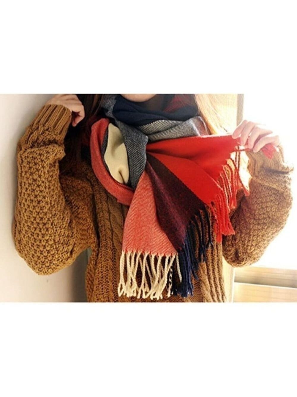 LONG Plaid Blanket Chunky Oversized Winter/Fall Warm Scarf Wrap Shawl NWT - Picture 3 of 7